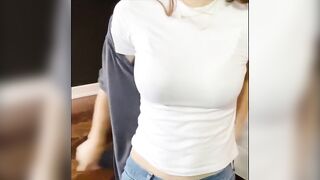 : GIF Alexandra Daddario pokies and bounce in tight shirt from YouTube video #4